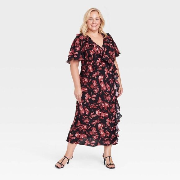 A New Day - Women's Ruffle Flounce Short Sleeve Maxi Dress - A Black/Red - Picture 1 of 3